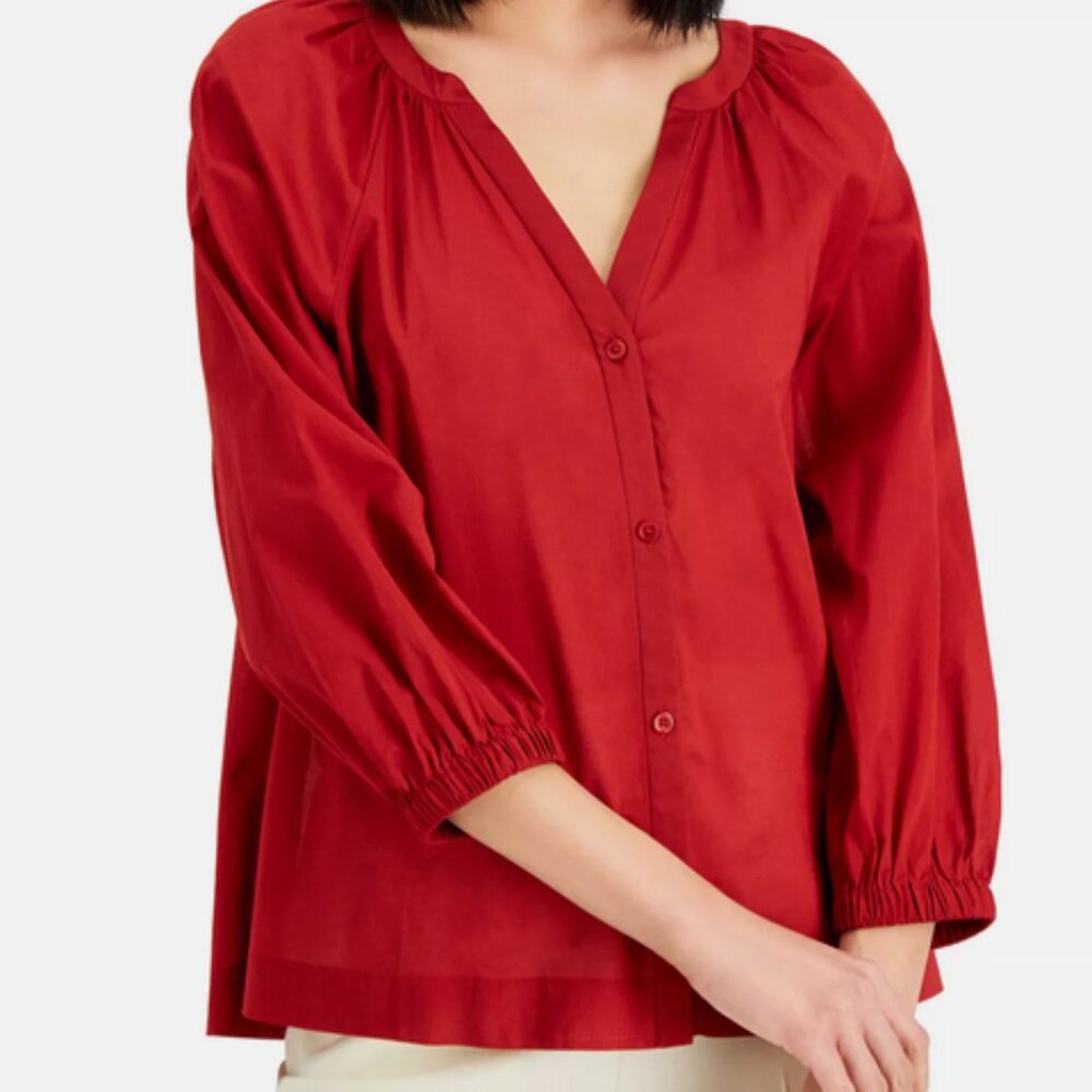 Alfani Terra Nova Cardinal Rouge Red V Neck Button Down Peasant Blouse - Picture 2 of 16